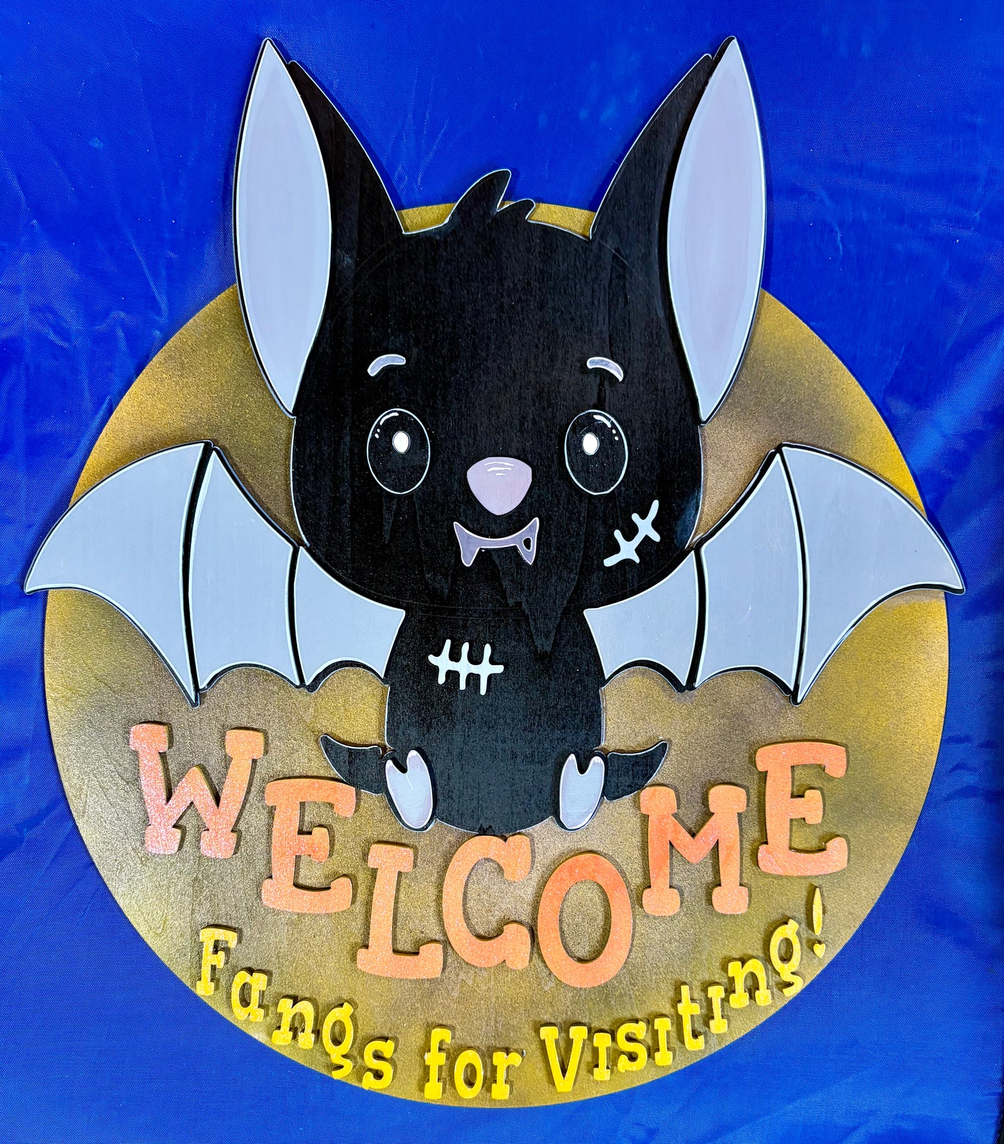 Halloween Bat Welcome Sign – “Fangs for Visiting” Front Door Hanger