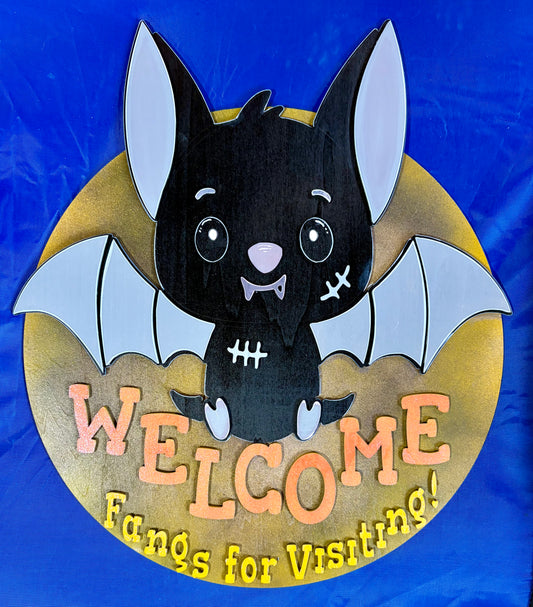 Halloween Bat Welcome Sign – “Fangs for Visiting” Front Door Hanger