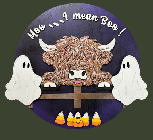 Moo…I Mean Boo! Highland Cow Round Sign