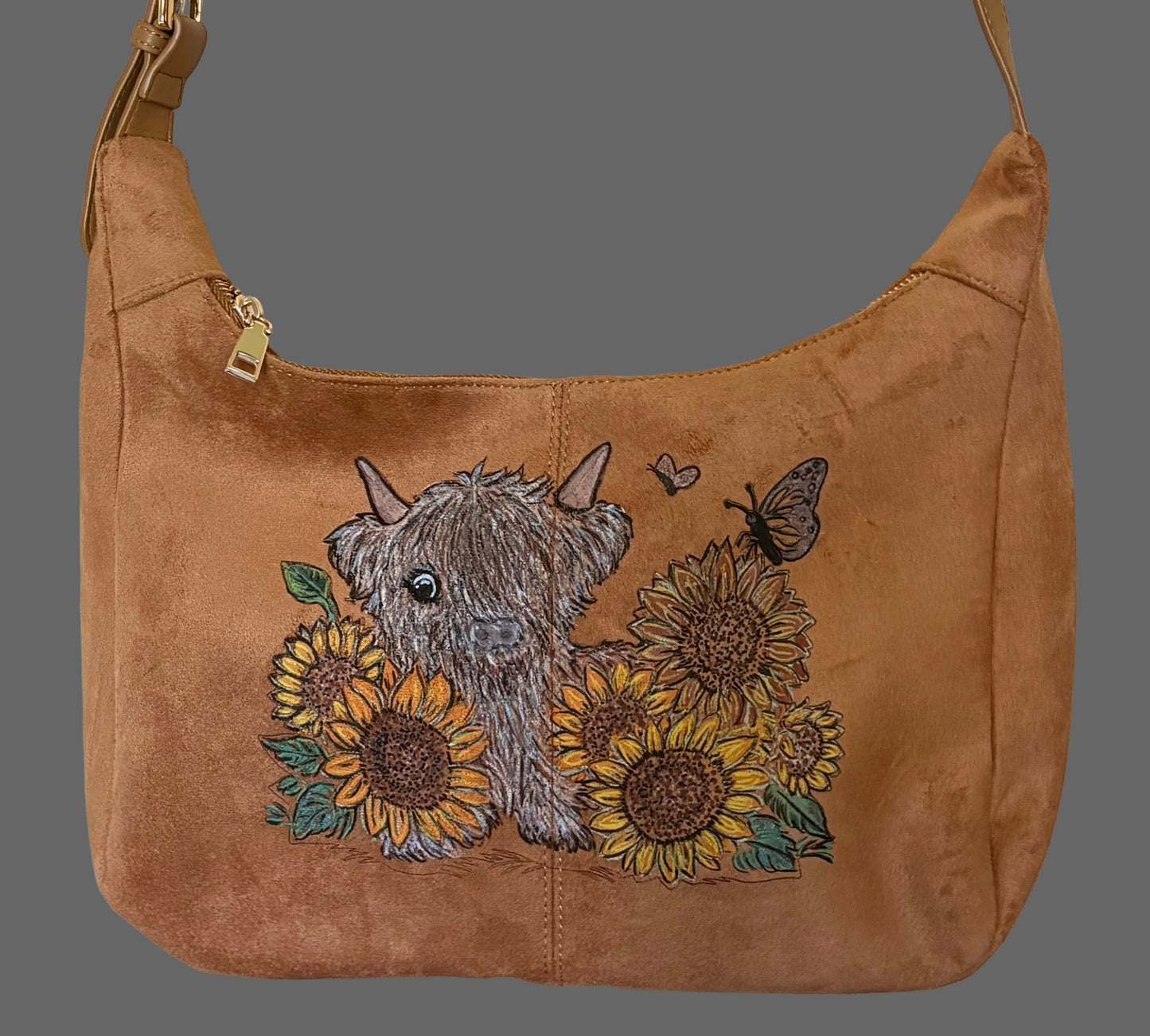 Hand-Painted Highland Cow and Sunflower Purse