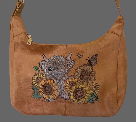 Hand-Painted Highland Cow and Sunflower Purse