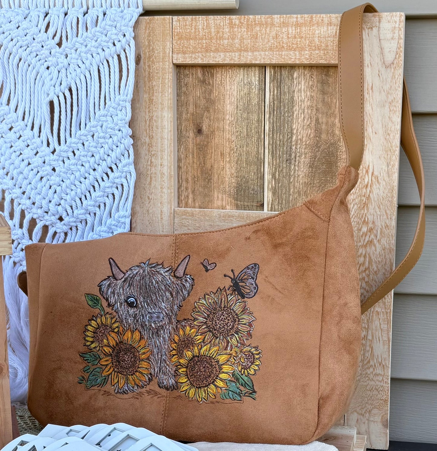 Hand-Painted Highland Cow and Sunflower Purse